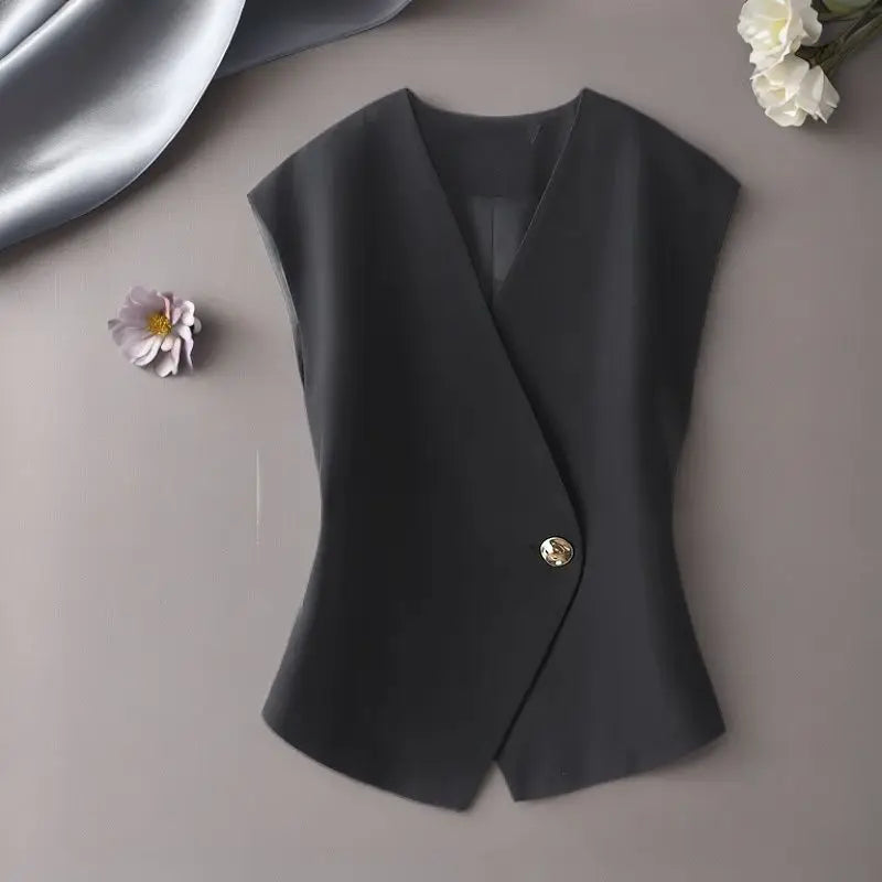 Black vest with a single button on a gray background
