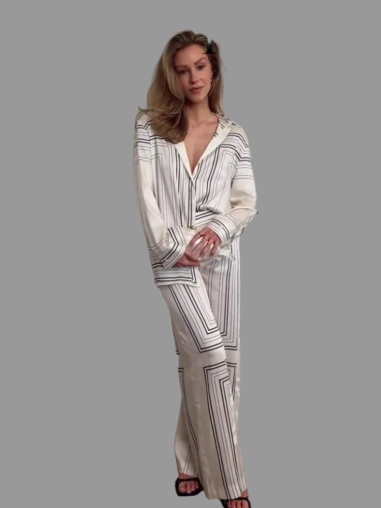 Slim Print Shirt & High Waist Loose Pants 2-Piece Set