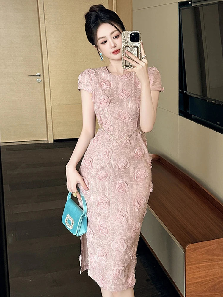 Knitted Floral Evening Dress | Hollow Short Sleeve Skinny