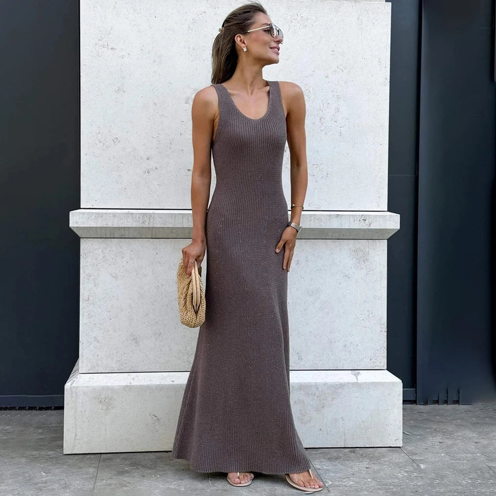 Knit Long Dress | Sleeveless High Waist Backless Halter Maxi Dress