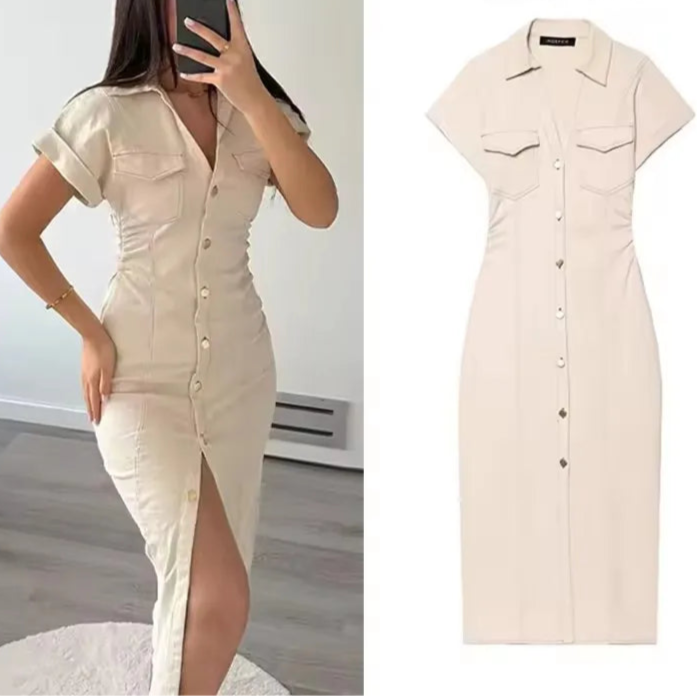 Denim Midi Dress for Women – Casual Ruched Short Sleeve
