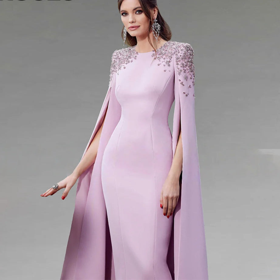 Light Purple Mermaid Dress – Round Neck with Cape Sleeves