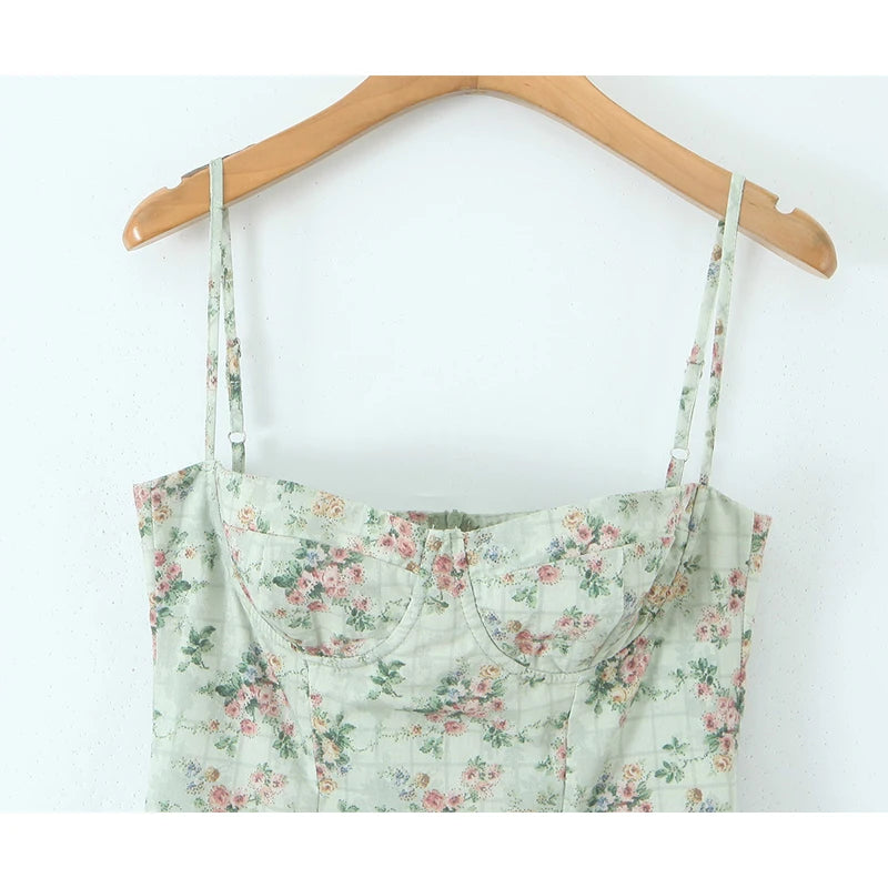 Green Floral Print Spaghetti Strap Dress – Sexy A-line Midi Dress