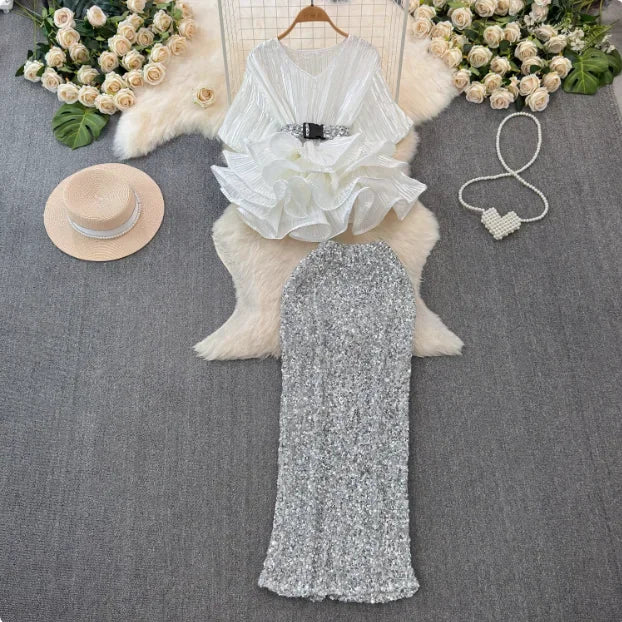 V-Neck Short Sleeve Top & High Waist Skirt Two-Piece Set