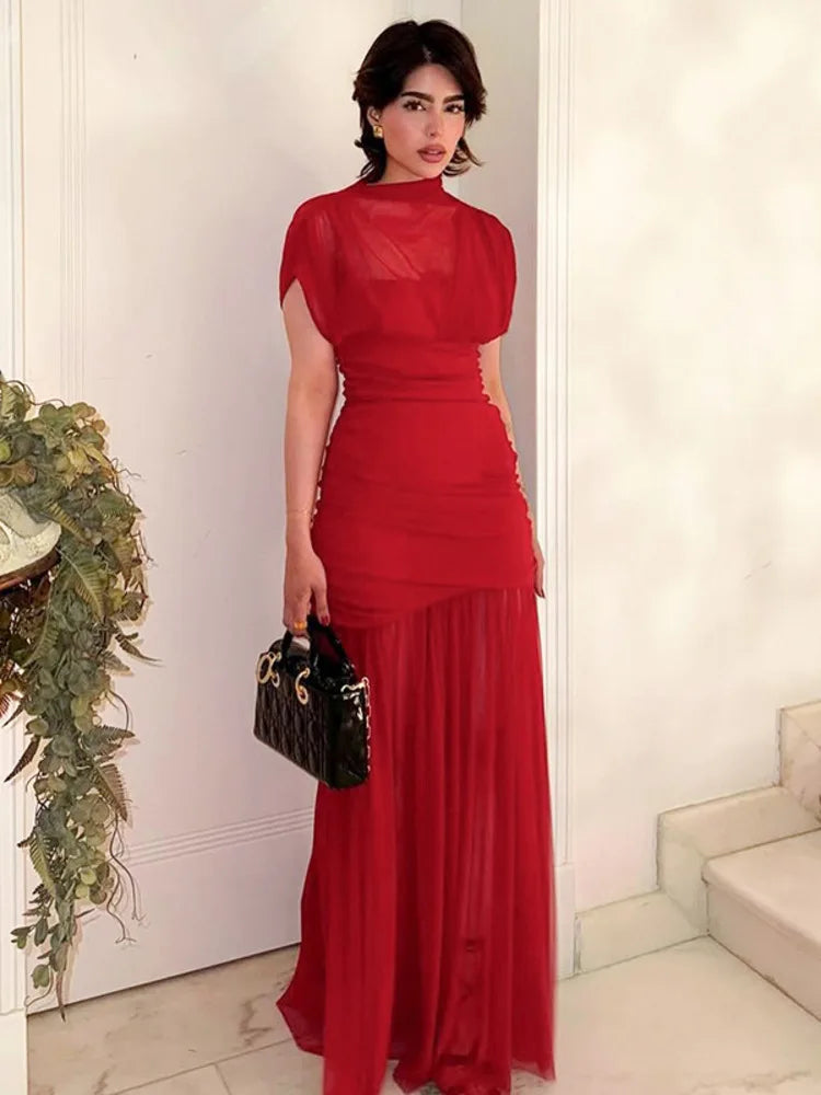 Mesh Maxi Dress | Sexy Short Sleeve High Waist Slim