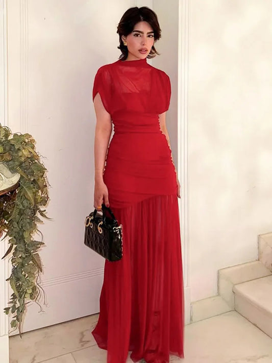 Mesh Maxi Dress | Sexy Short Sleeve High Waist Slim