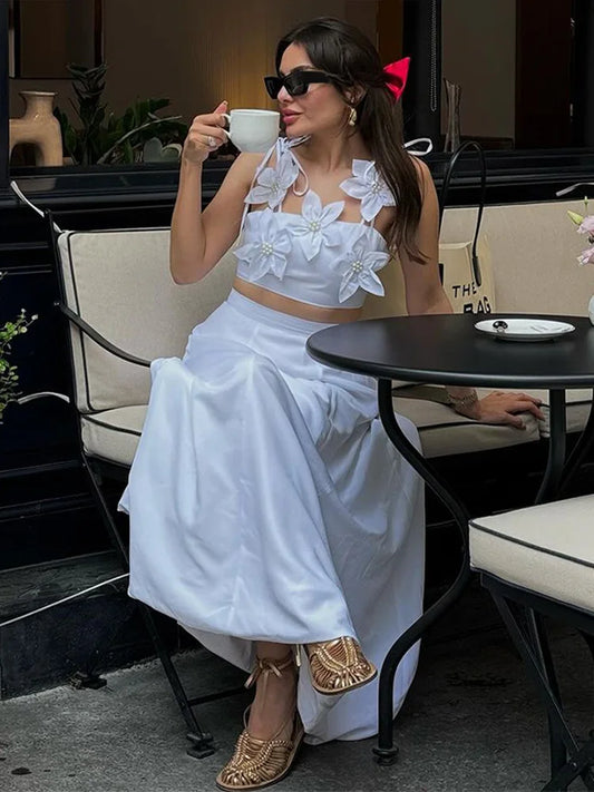 3D Printed Women’s Skirt Set – Sleeveless Crop Top & Maxi Skirt