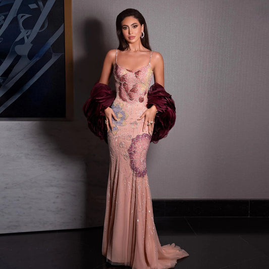 Pink Floral Beaded Evening Dress with Burgundy Shawl Cape