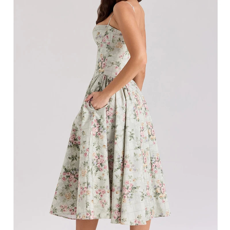 Green Floral Print Spaghetti Strap Dress – Sexy A-line Midi Dress