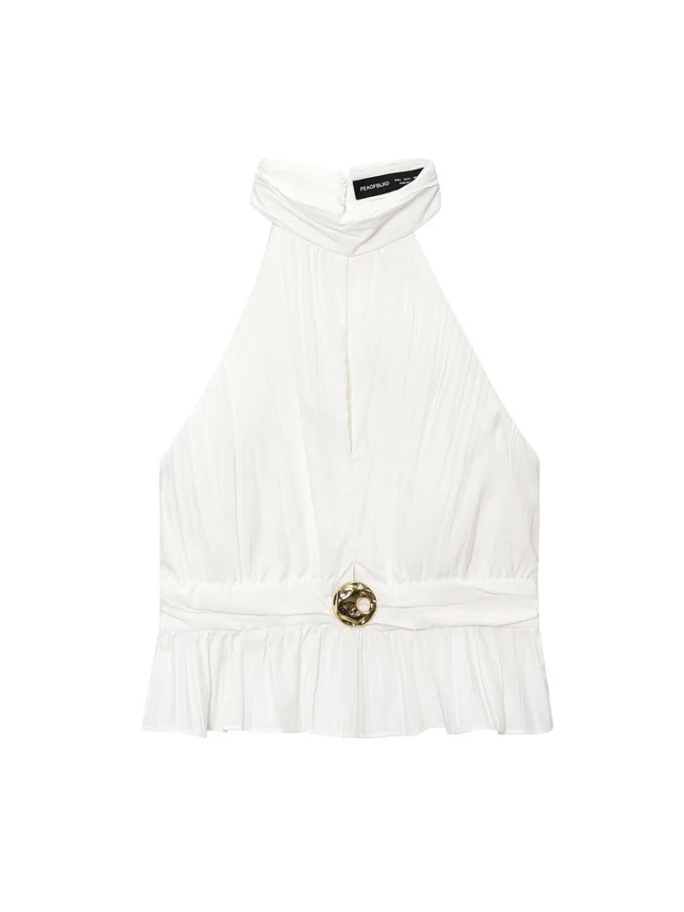 Women’s Stand Collar Top & A-Line Skirt Set – Chic Ruffled Sleeveless