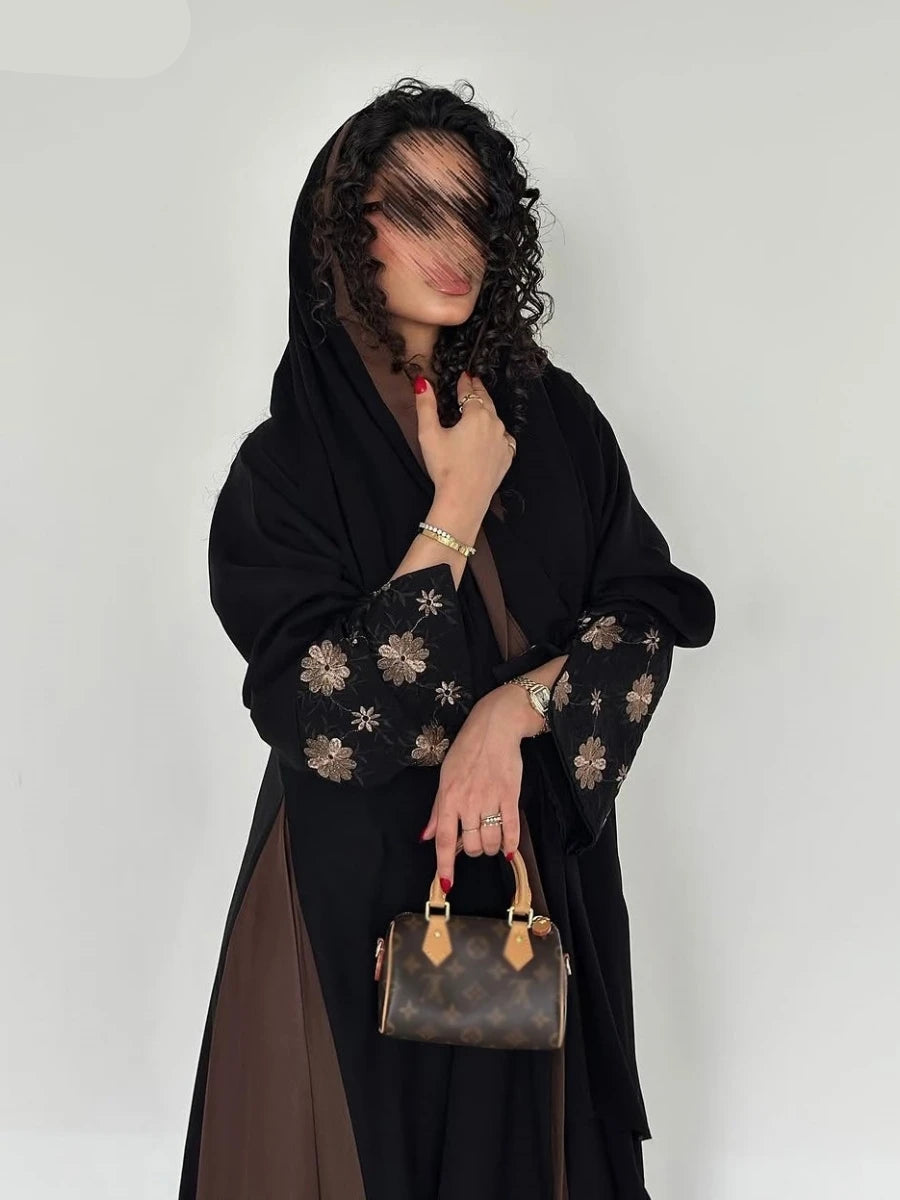 Embroidered Open Abaya | Elegant Patchwork Loose Kaftan