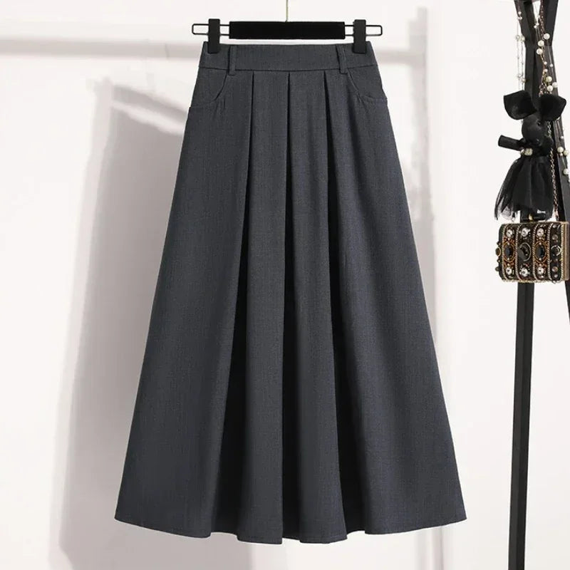 Solid Color Pleated A-Line Skirt – Plus Size Medium Length Half Skirt