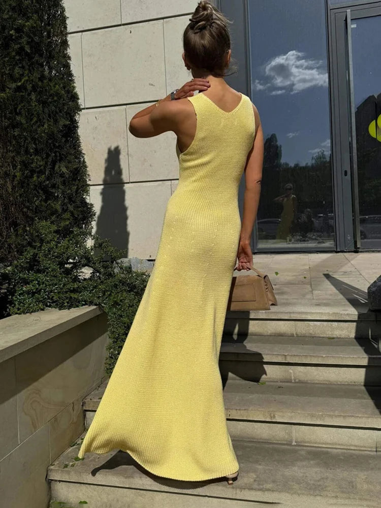 Knit Long Dress | Sleeveless High Waist Backless Halter Maxi Dress