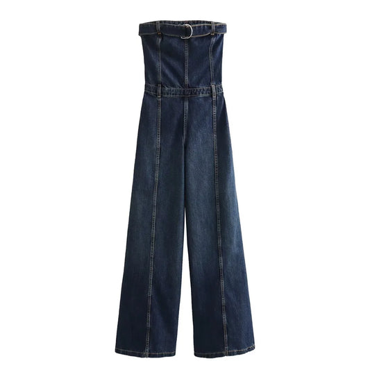 Dark blue denim wide-leg pants on a white background