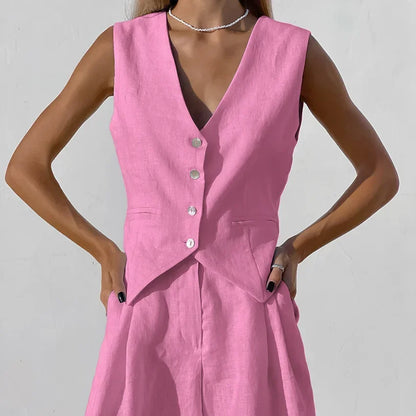 2023 Design Cotton Linen Suit Vest Suit Women's Summer Casual Sleeveless Vest Shorts Two-piece Set костюм женский летний