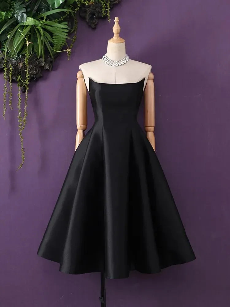 Strapless Elegant Dress for Women – Solid Slimming High Waist A-Line
