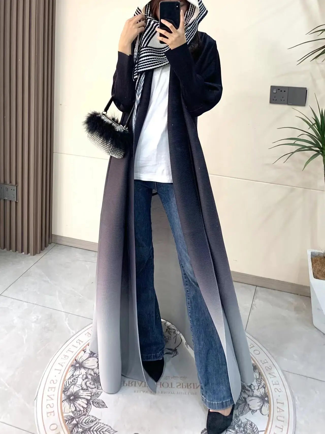 Printed Pleated Coat with Belt | Loose Long Contrast Color Coat