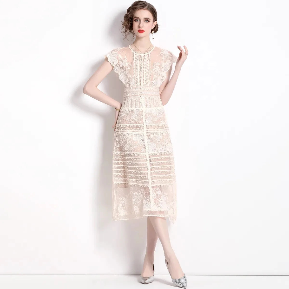 2025 Autumn Fashion Embroidery Flower Dress Vintage Runway Women O Neck Short Sleeve Mesh Dot Bodycon Slim Party Midi Vestidos