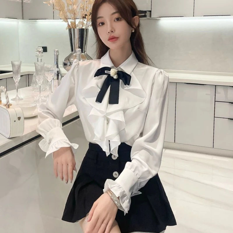 Women’s White Lace Ruffle Blouse – Peter Pan Collar Long Sleeve
