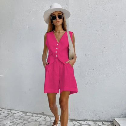 2023 Design Cotton Linen Suit Vest Suit Women's Summer Casual Sleeveless Vest Shorts Two-piece Set костюм женский летний