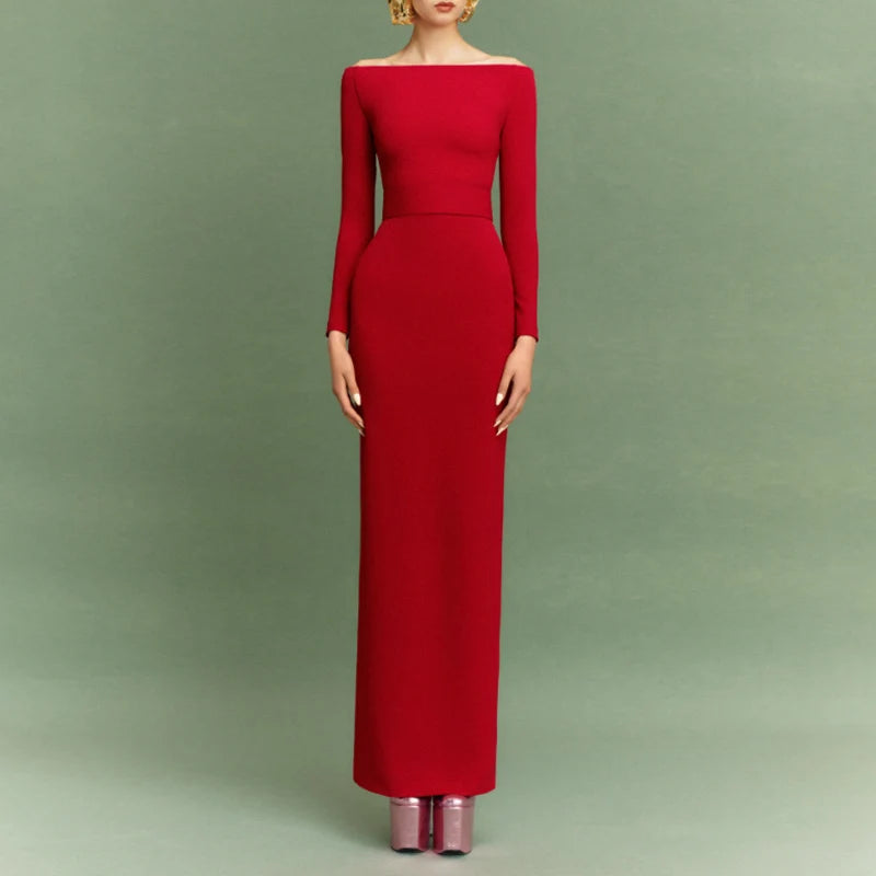 Elegant Red Off-Shoulder Satin Dress | Long Sleeve Form-Fitting