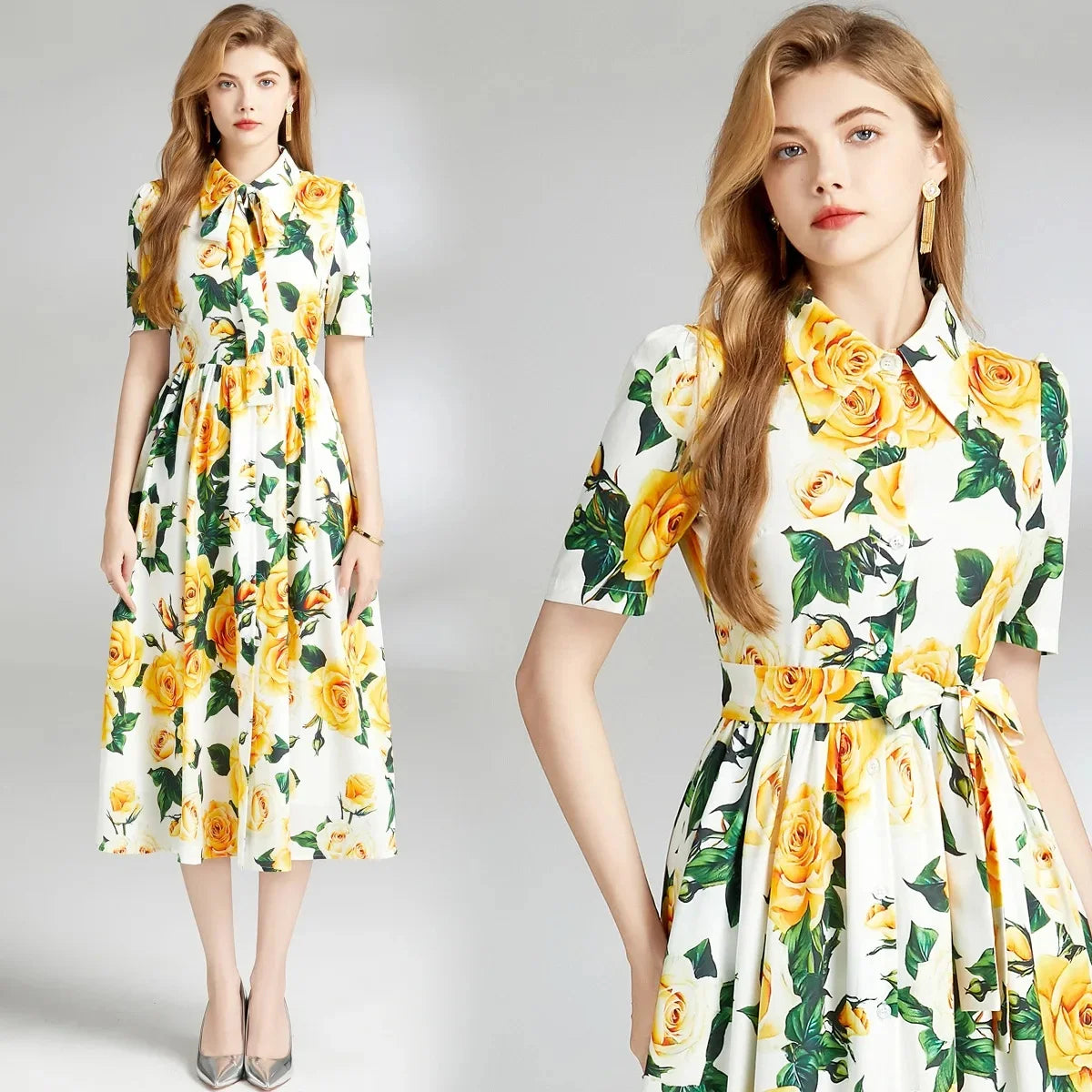 Woman wearing a floral dress with yellow roses on a plain background