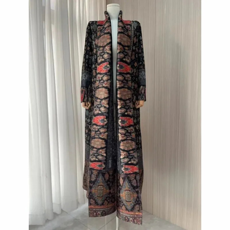 Printed Pleated Coat with Belt | Loose Long Contrast Color Coat