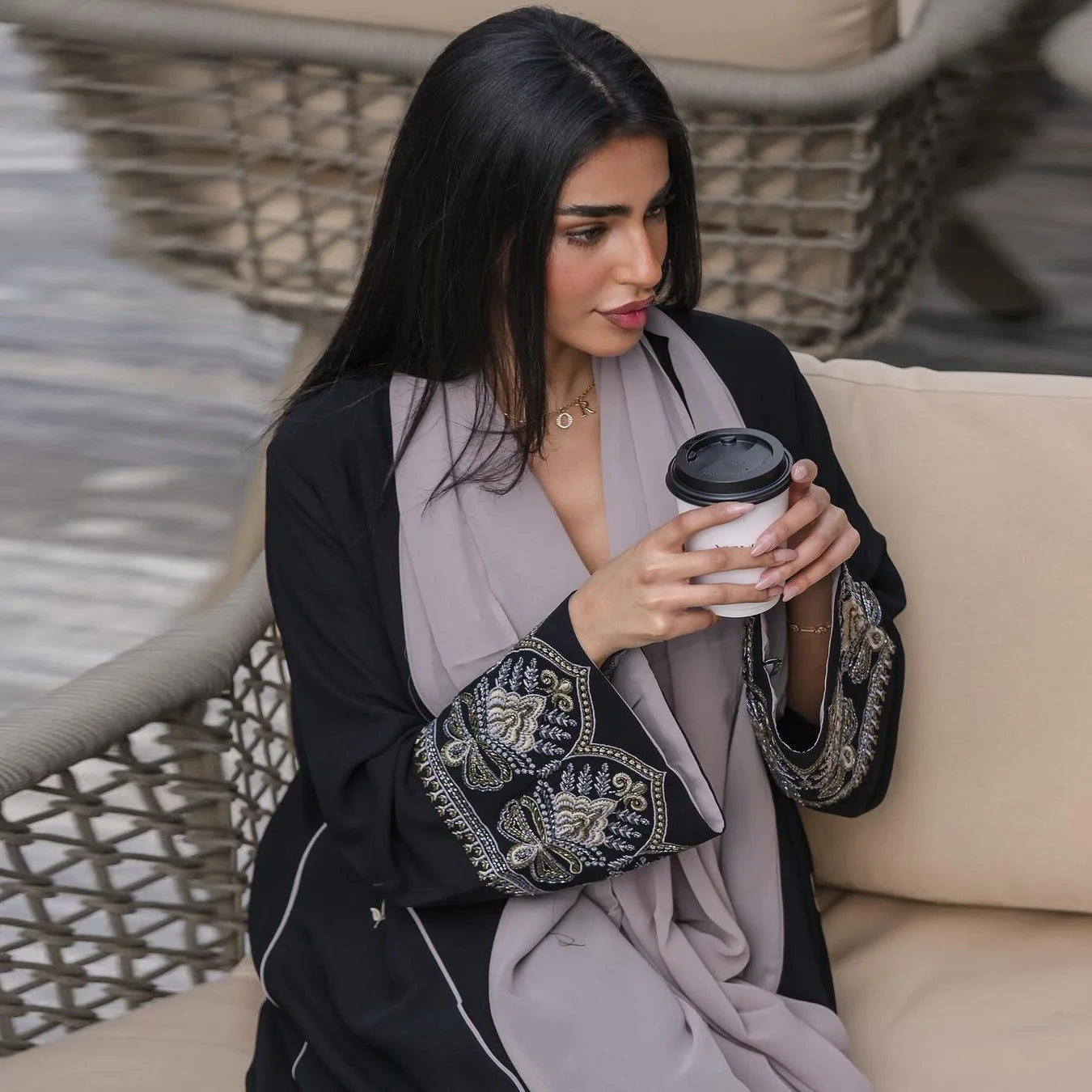 Embroidered Patchwork Abaya – Elegant Open Cardigan Dress