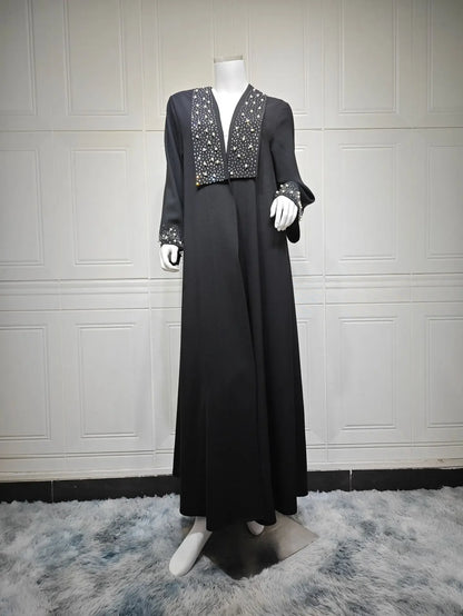 2024 Dubai Women Pearl Black Abaya Dress Luxury Ramadan Arabic Muslim Modest Cardigan Islamic Coat Fashion Turkey Solid Robe