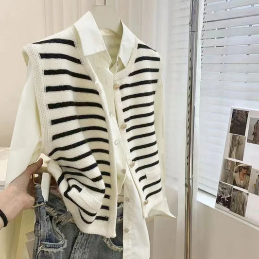 Elegant Knit Vest Cardigan for Women – Striped Office Lady Sweater
