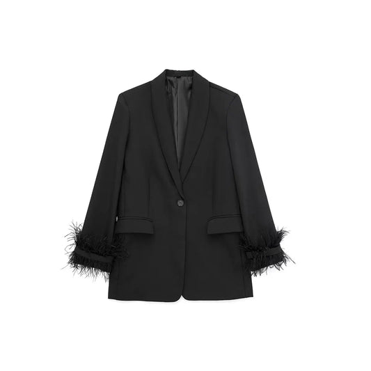 Black blazer with feathered cuffs on a white background