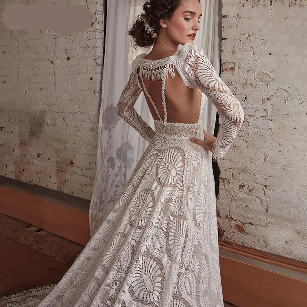 Customized Lace Wedding Dress | A-Line Bridal Gown with Sweep Train