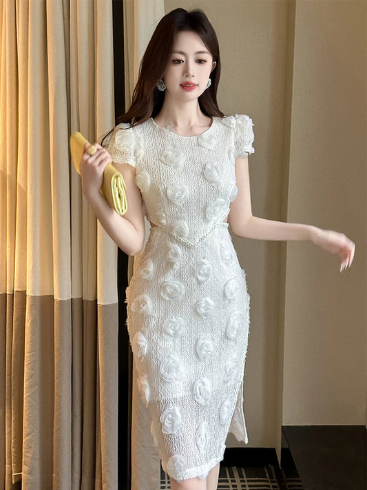Knitted Floral Evening Dress | Hollow Short Sleeve Skinny