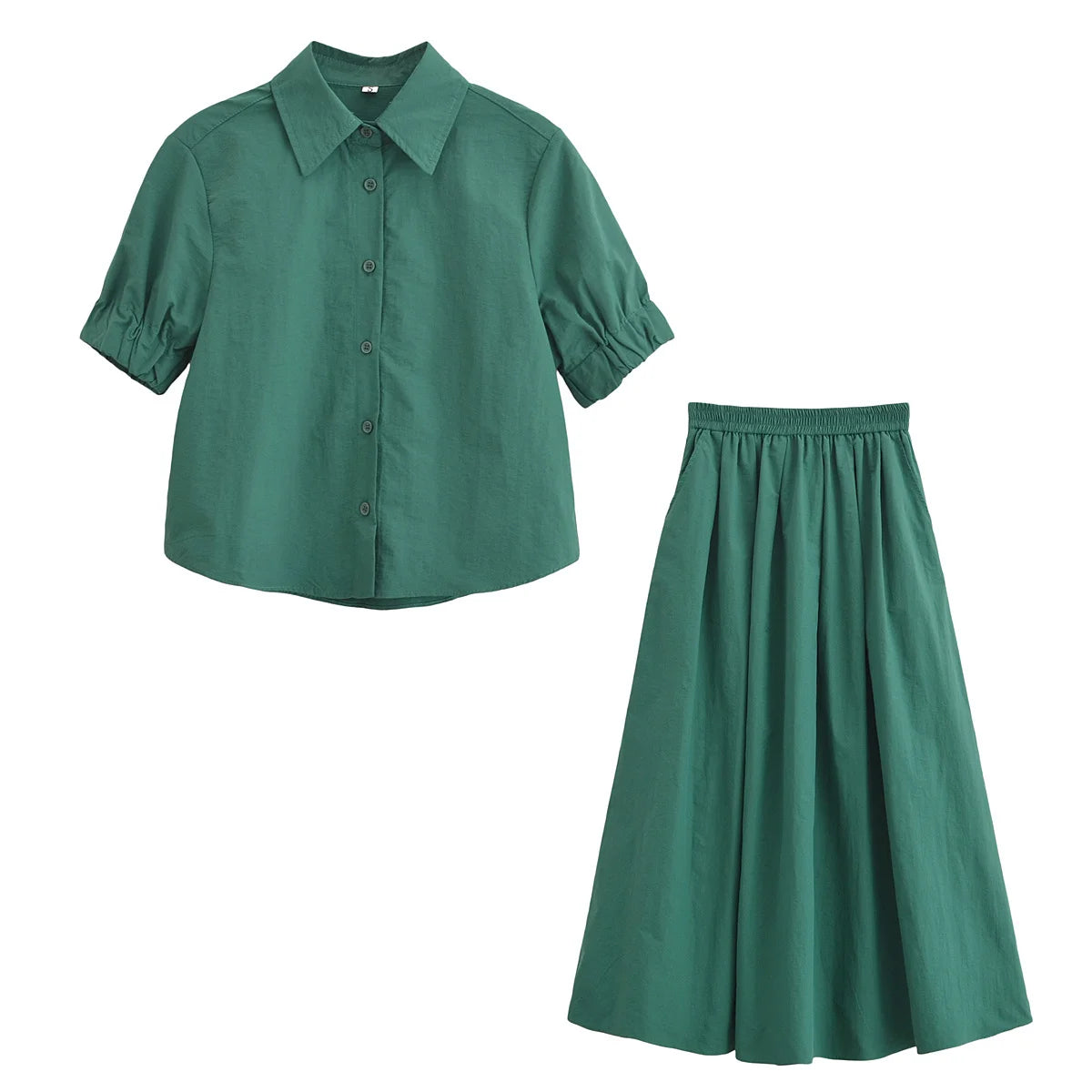 Fluffy Sleeve Shirt & Wide Swing Midi Skirt Set