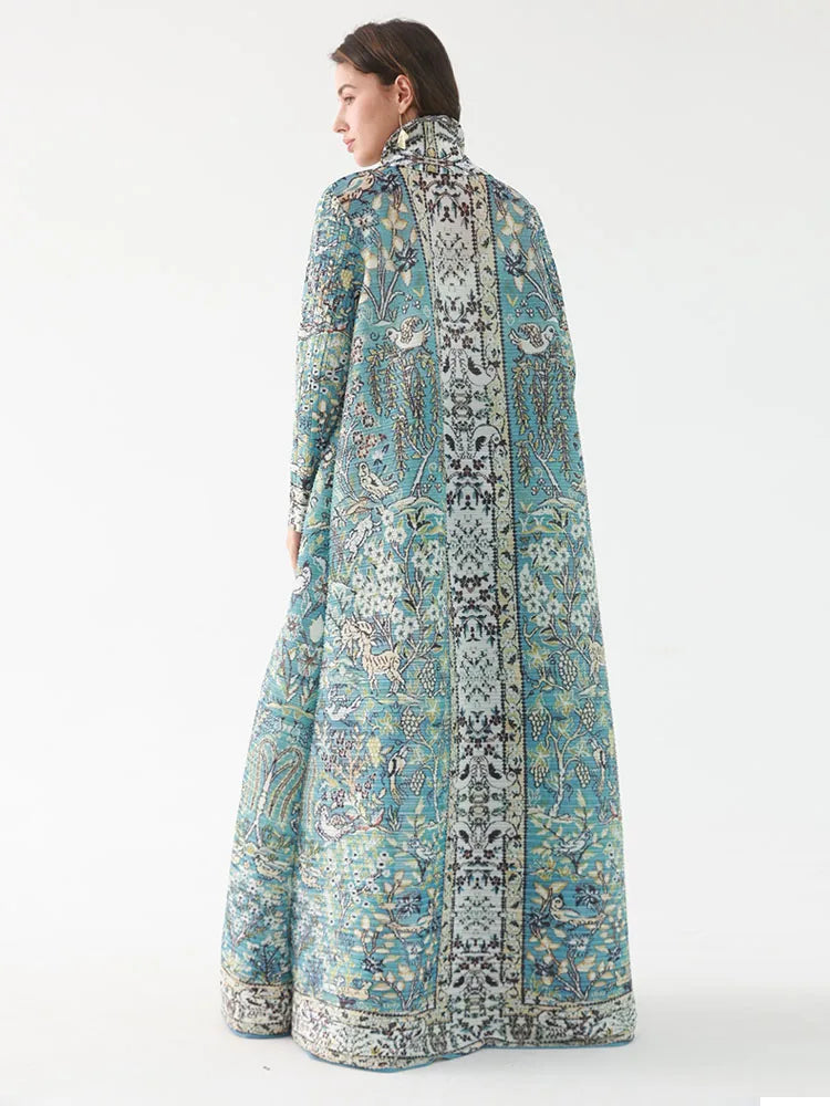 Woman wearing a long, floral-patterned dress on a white background