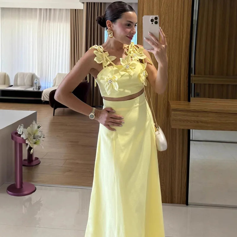 3D Printed Women’s Skirt Set – Sleeveless Crop Top & Maxi Skirt