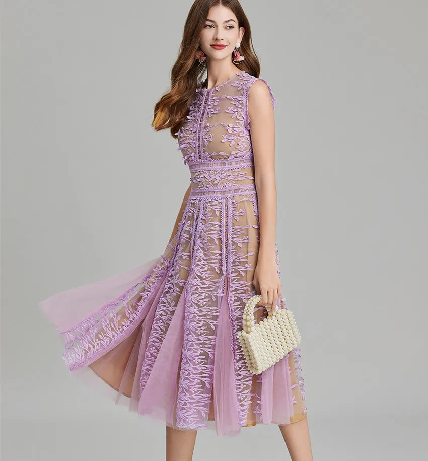 Luxury Mesh Embroidered Flower Midi Dress – Women’s Sleeveless O-Neck Lace