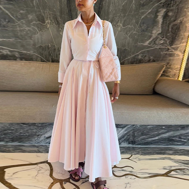Casual Striped Summer Dress | Lapel Long Dress with Half Sleeves