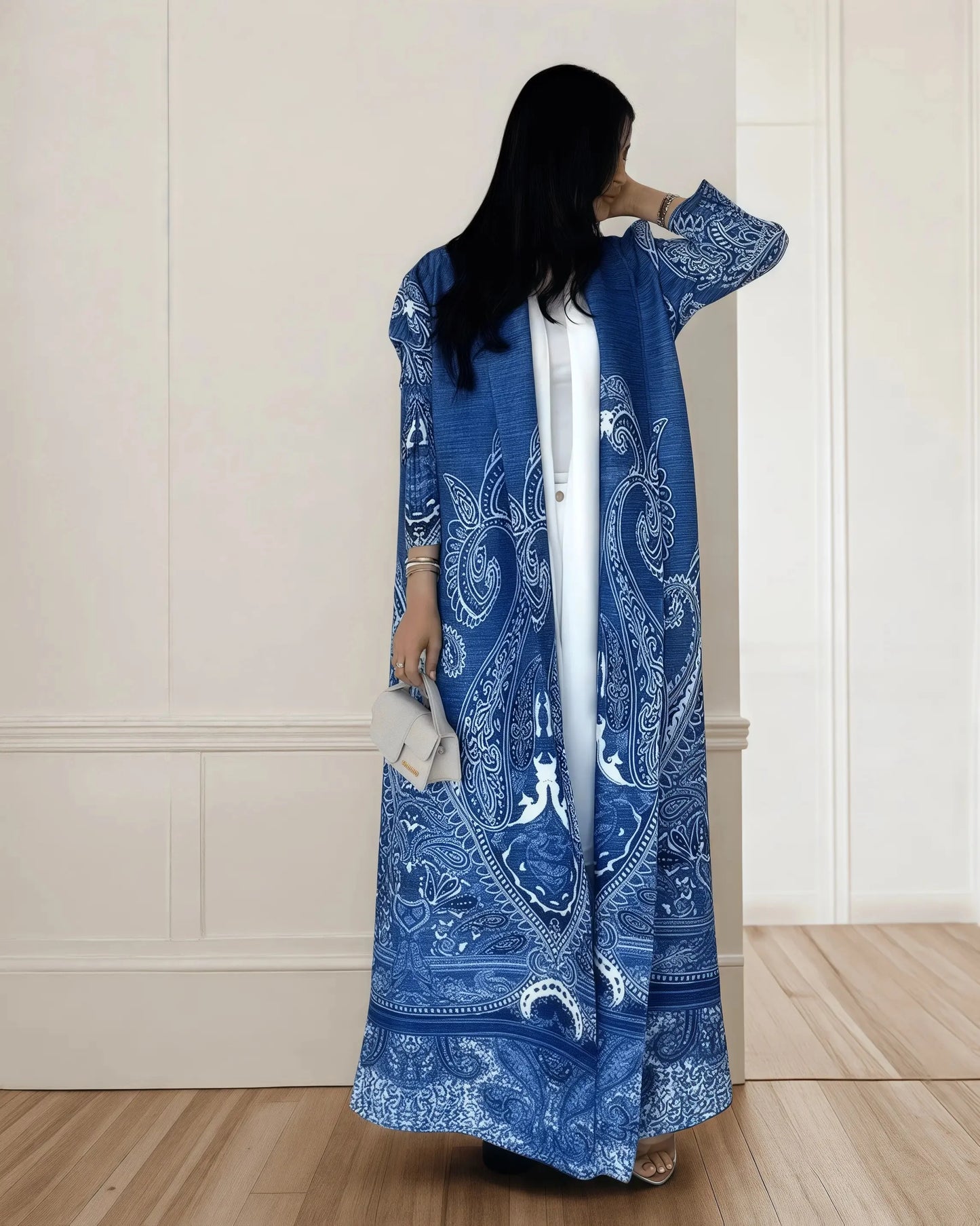 Women’s Long Coat | Printed Muslim Abaya with Waist Belt