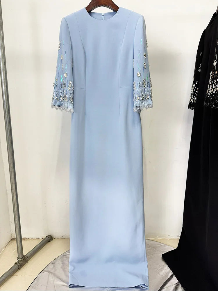 HIGH STREET Newest Fashion 2025 S/S Designer Vestido Women's Half Sleeve Stunning Beaded  Long Maxi Dress