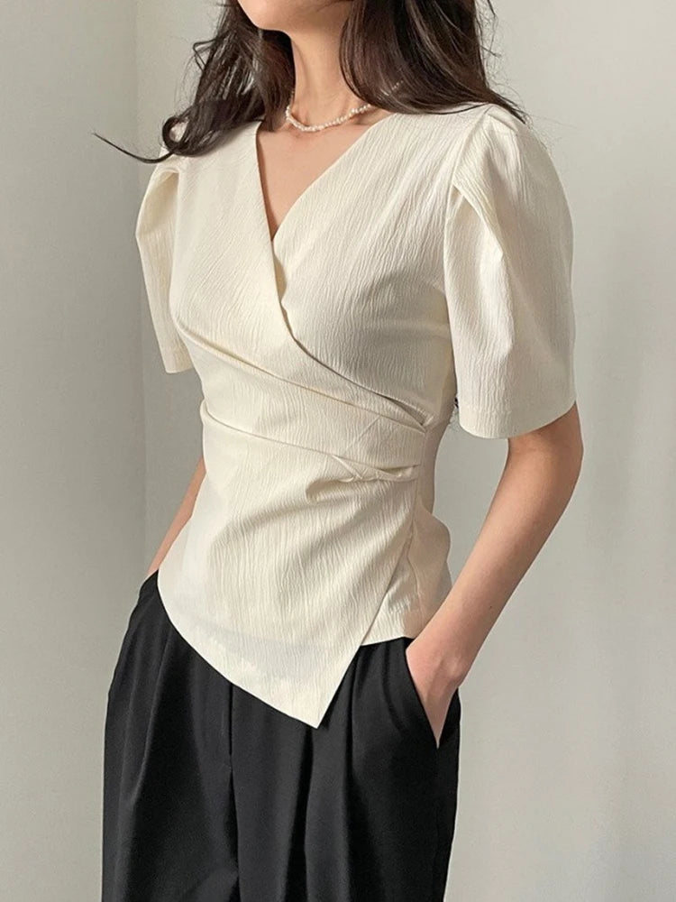Summer V-Neck Blouse | Slim Short-Sleeve Top