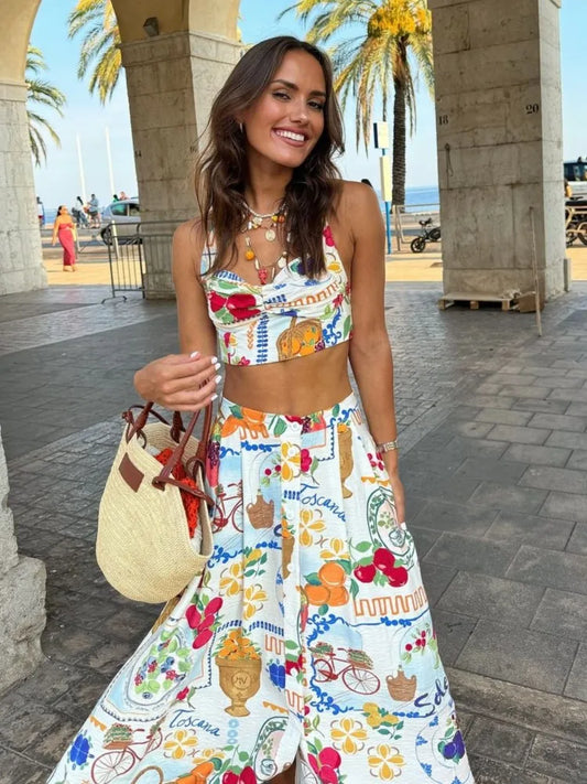 Colorful Printed Suspenders Skirt & Bikini Vest Top Set