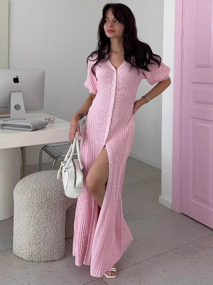 Slit Long Cardigan Knit Dress – Women’s Patchwork Maxi Dress