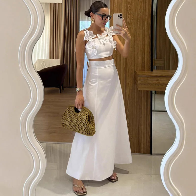 3D Printed Women’s Skirt Set – Sleeveless Crop Top & Maxi Skirt