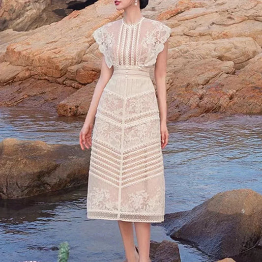 2025 Autumn Fashion Embroidery Flower Dress Vintage Runway Women O Neck Short Sleeve Mesh Dot Bodycon Slim Party Midi Vestidos