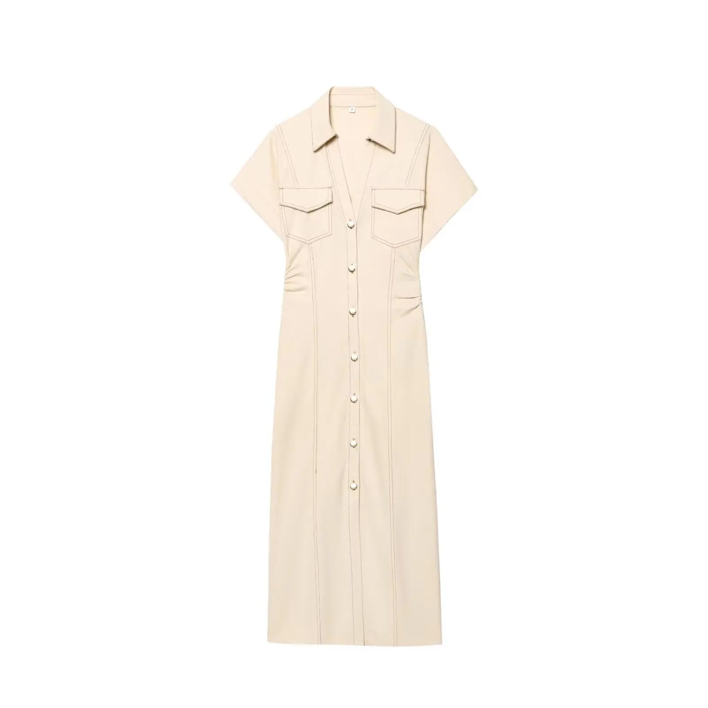 Denim Midi Dress – Elegant V-Neck Pleated Waist Short Sleeve