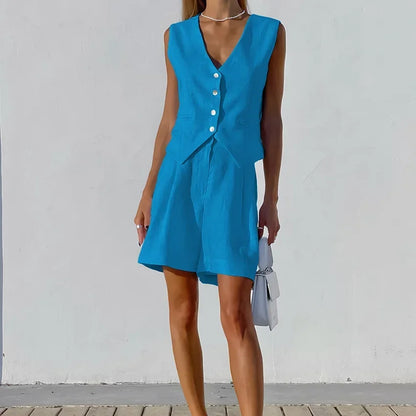 2023 Design Cotton Linen Suit Vest Suit Women's Summer Casual Sleeveless Vest Shorts Two-piece Set костюм женский летний