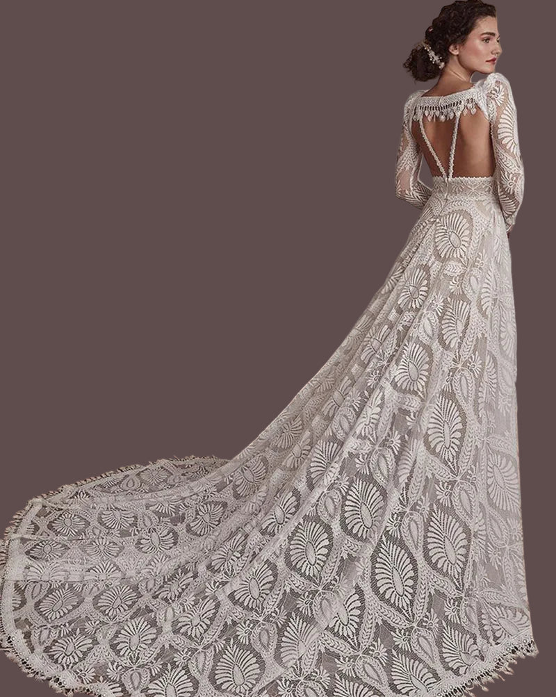 Customized Lace Wedding Dress | A-Line Bridal Gown with Sweep Train