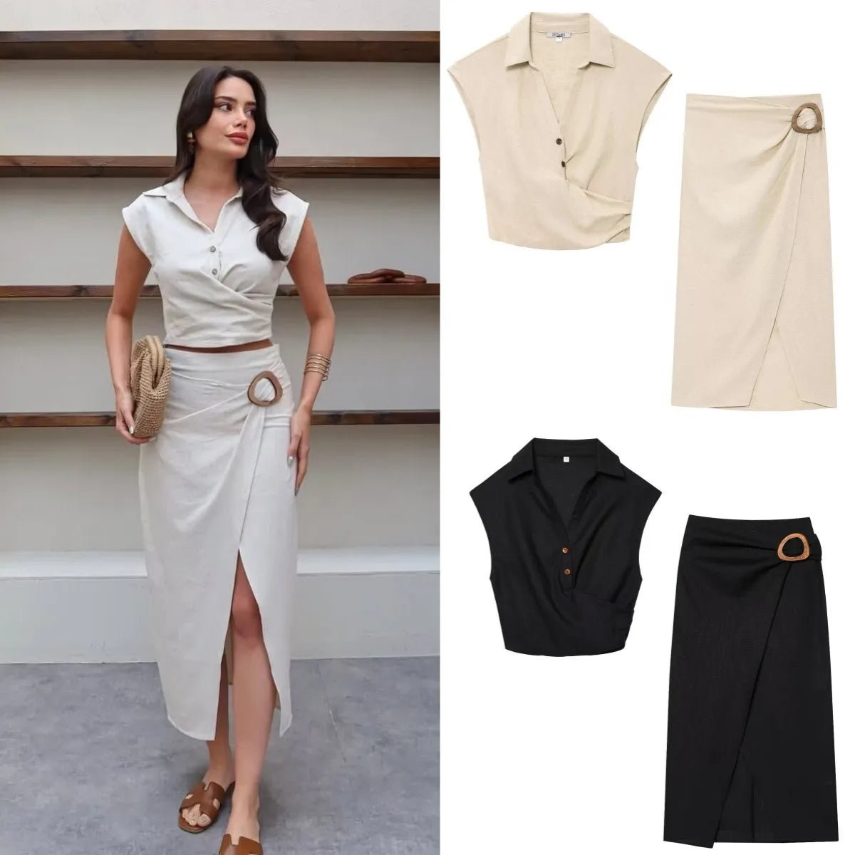 Woman wearing a white outfit with a black skirt, surrounded by separate clothing items.