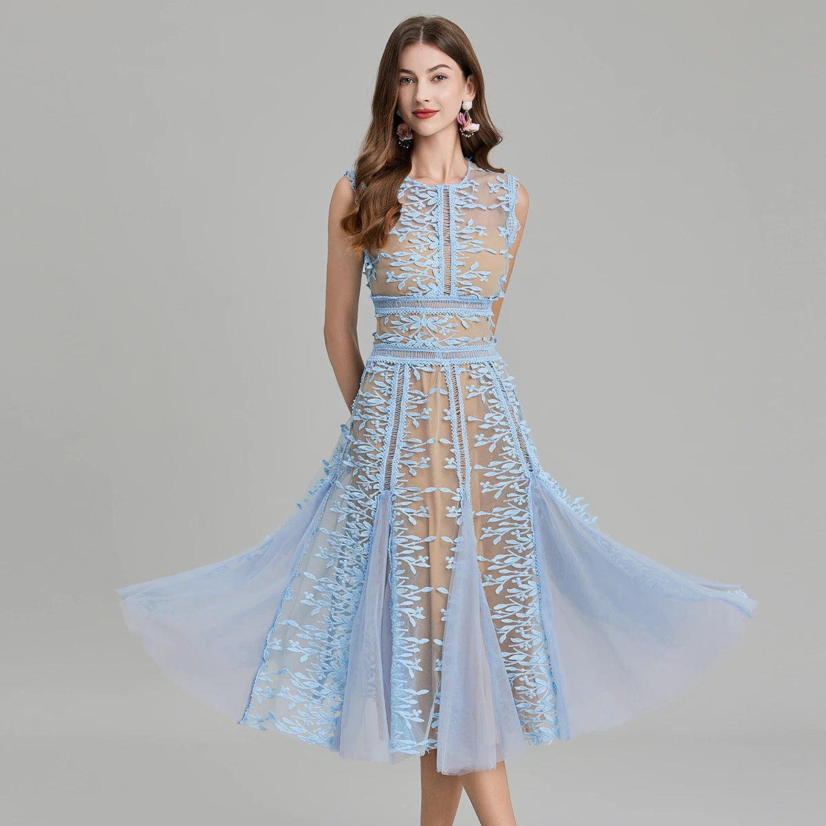 Luxury Mesh Embroidered Flower Midi Dress – Women’s Sleeveless O-Neck Lace